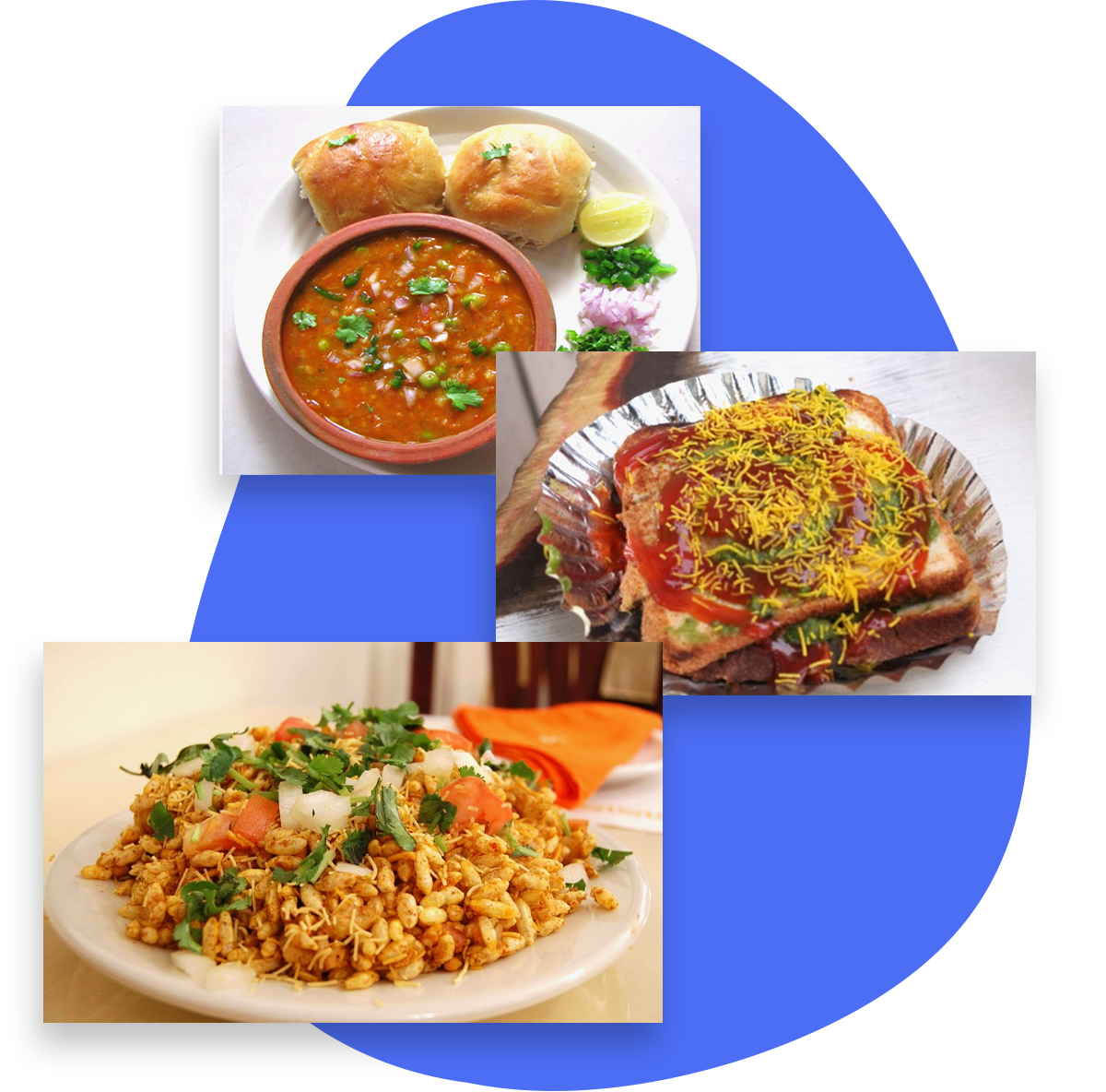 Image of bhel, pav bhaji and sandwich.